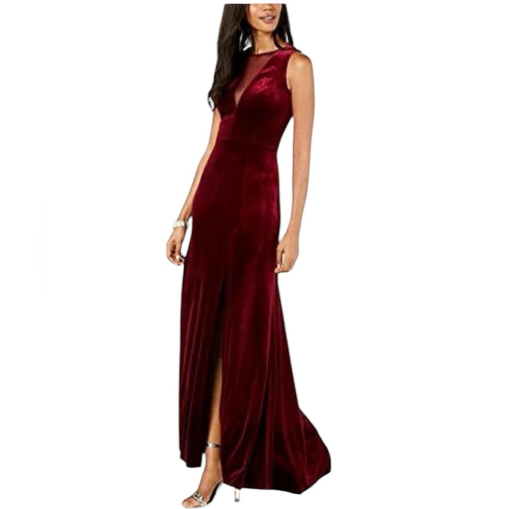 Nightway Plunging Illusion Velvet Gown Maroon Full Length Dress Size 14